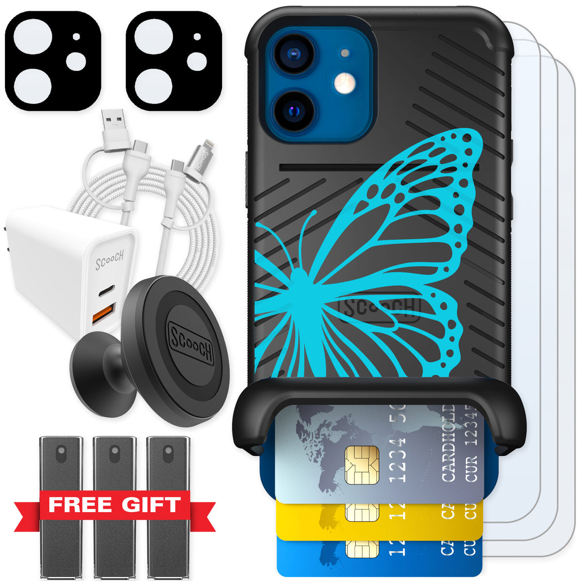 Scooch Wingmate Azure Butterfly for iPhone 12 mini — Ultimate Bundle