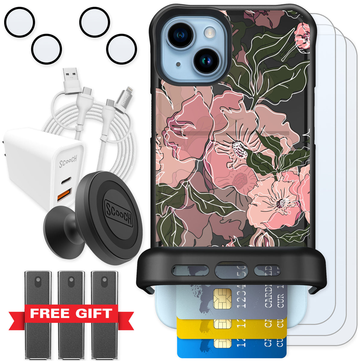 Scooch Wingmate Blush Botanical for iPhone 15 Plus — Ultimate Bundle