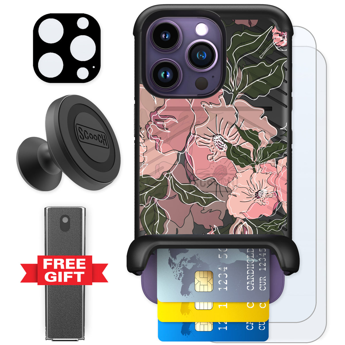 Scooch Wingmate Blush Botanical for iPhone 14 Pro — Defender Bundle