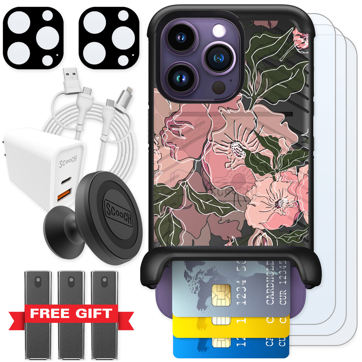 Scooch Wingmate Blush Botanical for iPhone 14 Pro — Ultimate Bundle