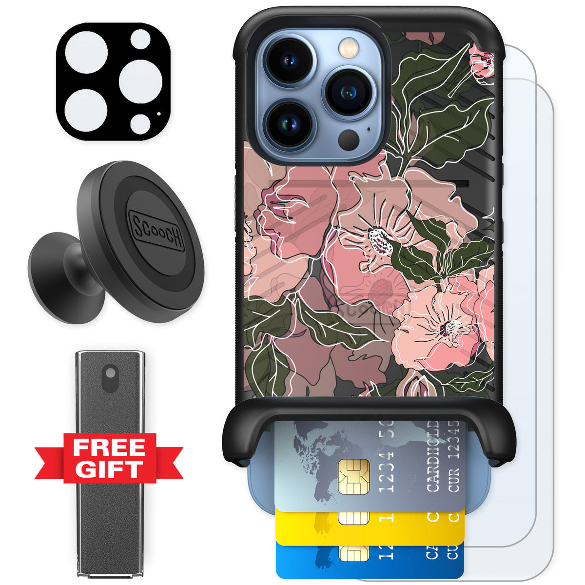Scooch Wingmate Blush Botanical for iPhone 13 Pro — Defender Bundle
