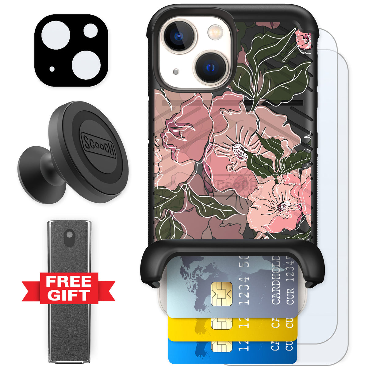Scooch Wingmate Blush Botanical for iPhone 13 mini — Defender Bundle