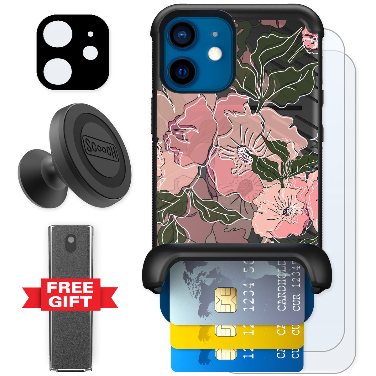Scooch Wingmate Blush Botanical for iPhone 12 mini — Defender Bundle