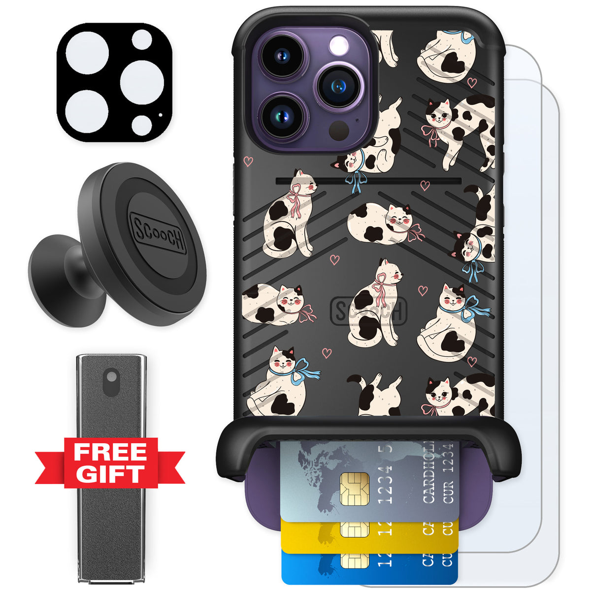 Scooch Wingmate Bow Kitties for iPhone 14 Pro Max — Defender Bundle