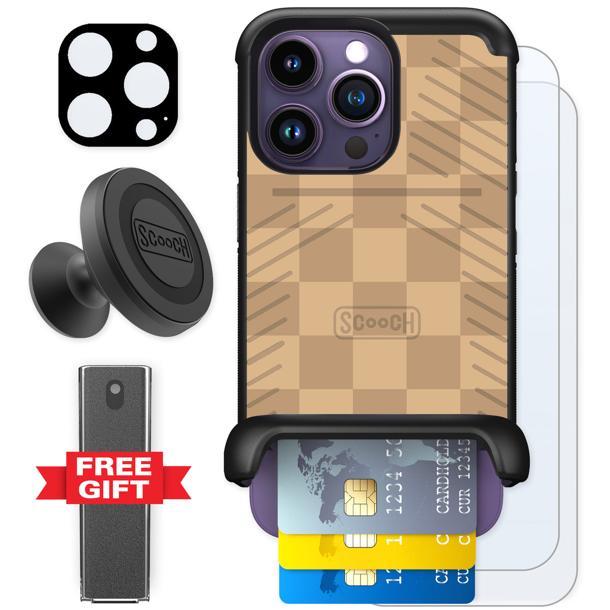 Scooch Wingmate Checkered Beige for iPhone 14 Pro β Defender Bundle