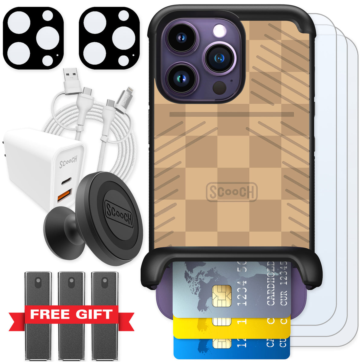 Scooch Wingmate Checkered Beige for iPhone 14 Pro β Ultimate Bundle