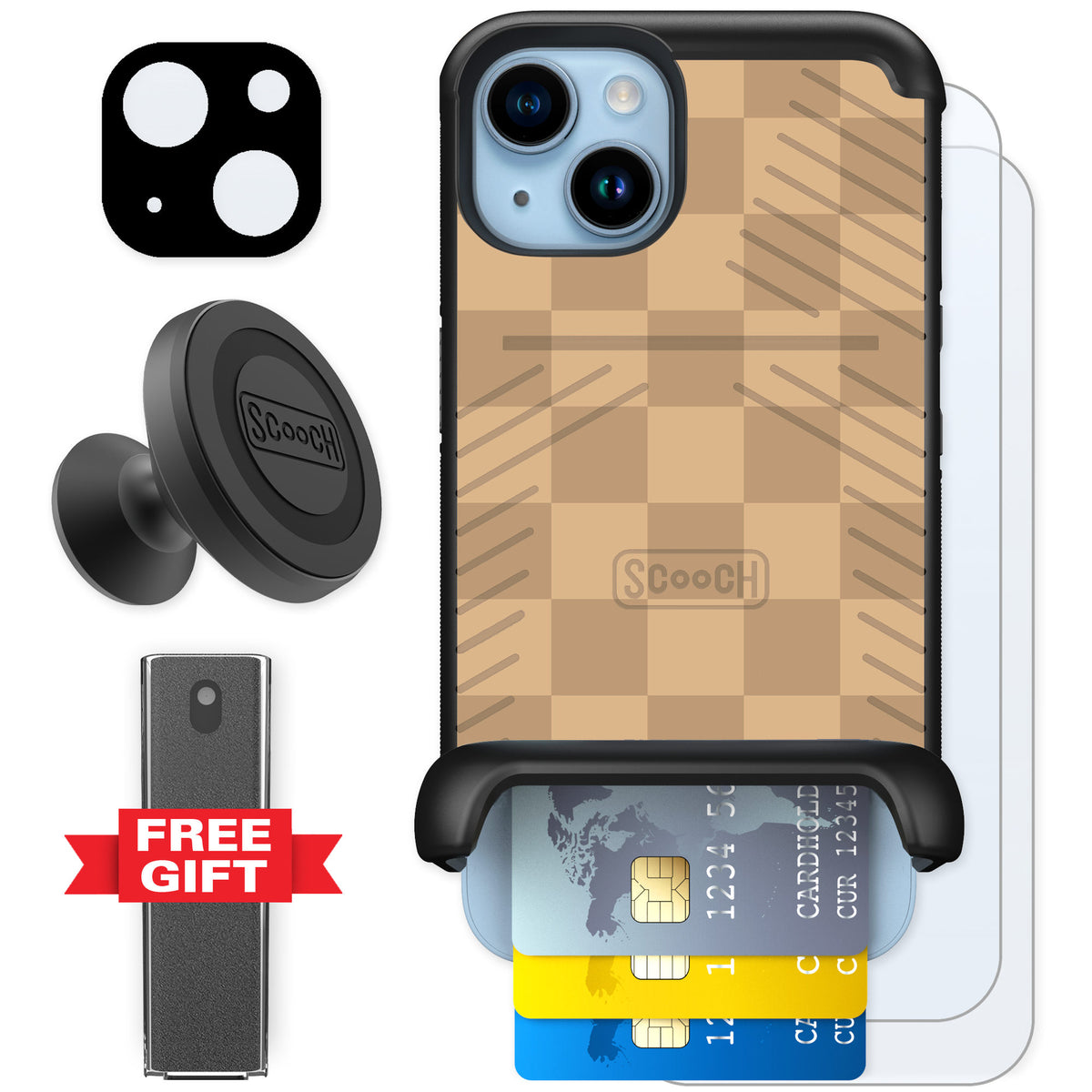 Scooch Wingmate Checkered Beige for iPhone 14 β Defender Bundle