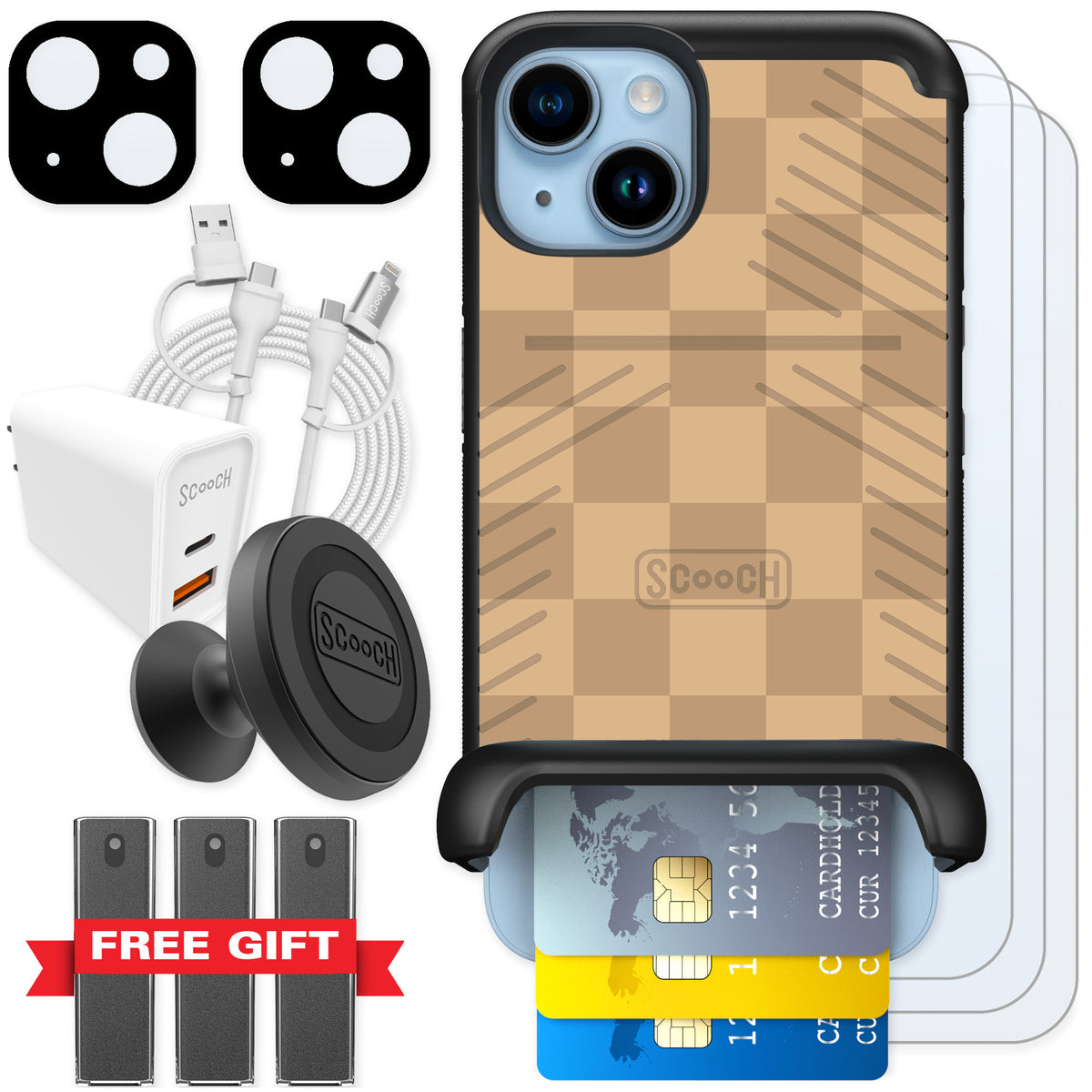 Scooch Wingmate Checkered Beige for iPhone 14 β Ultimate Bundle