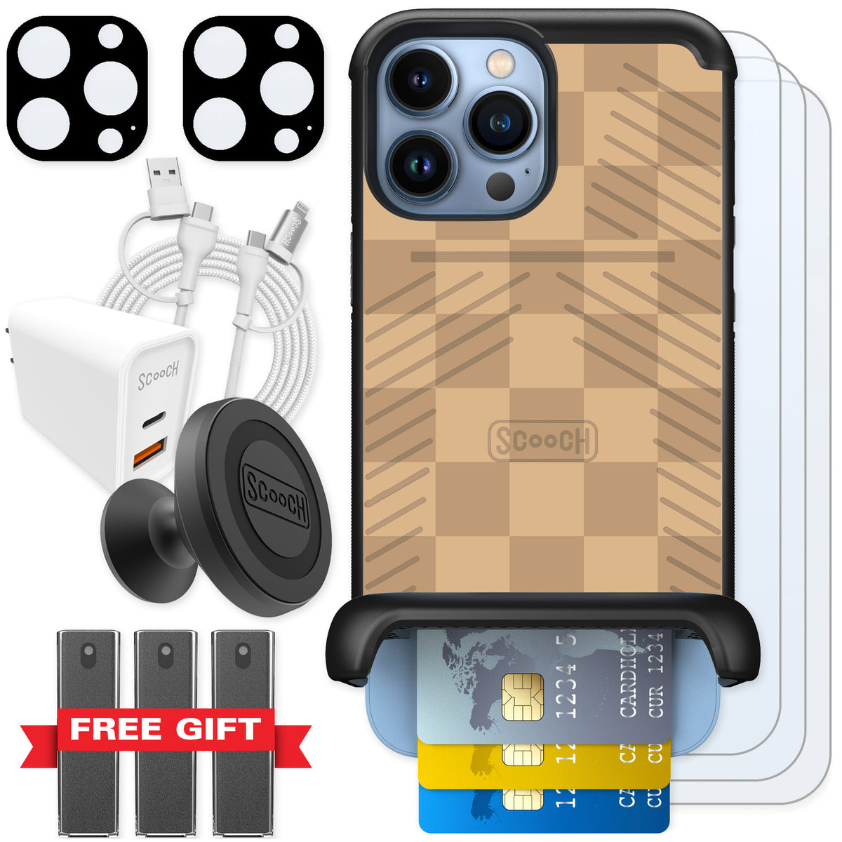 Scooch Wingmate Checkered Beige for iPhone 13 Pro Max β Ultimate Bundle