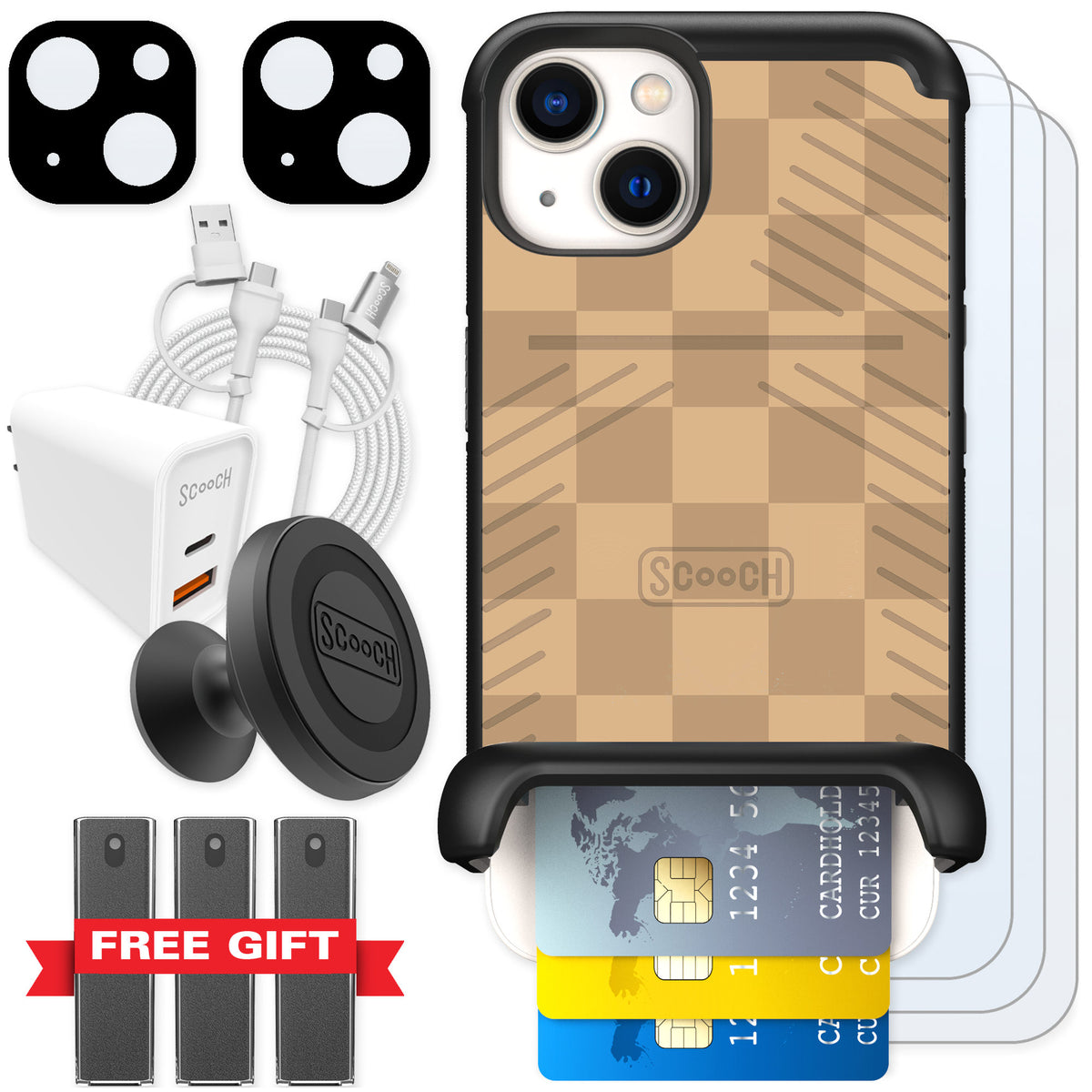 Scooch Wingmate Checkered Beige for iPhone 13 β Ultimate Bundle