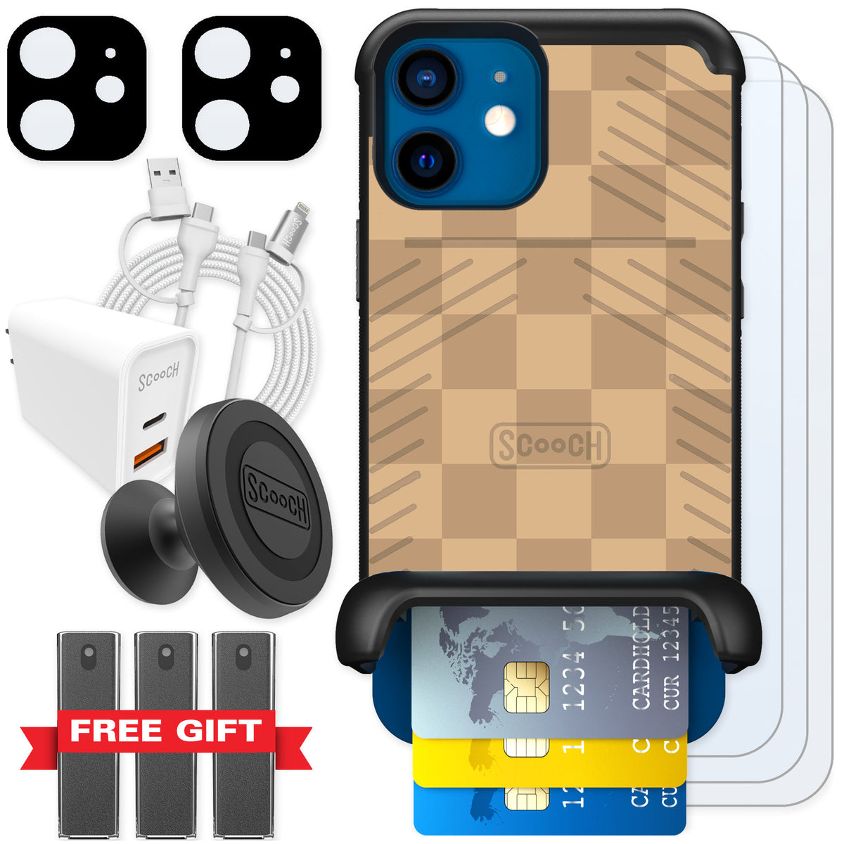 Scooch Wingmate Checkered Beige for iPhone 12 β Ultimate Bundle