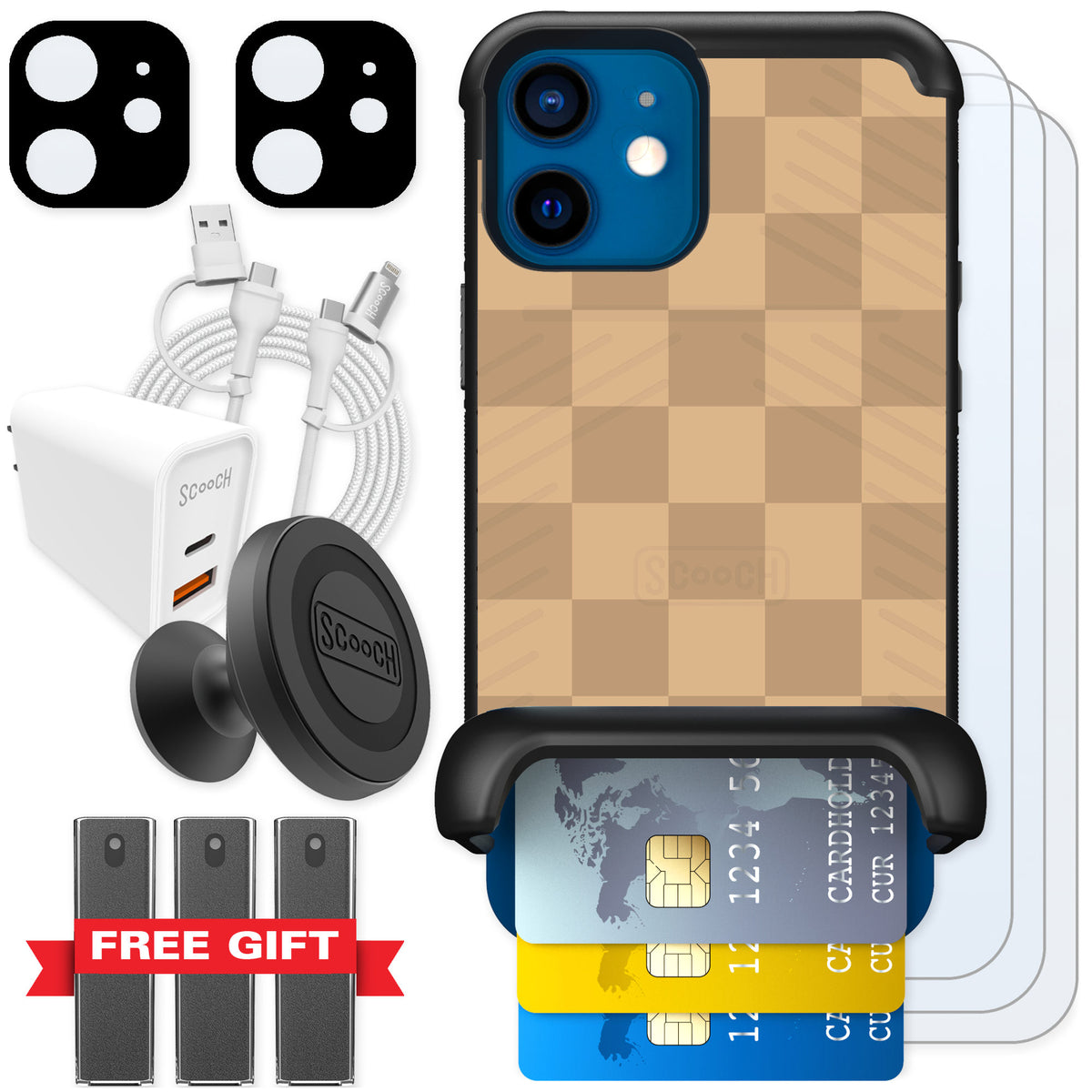 Scooch Wingmate Checkered Beige for iPhone 12 mini β Ultimate Bundle