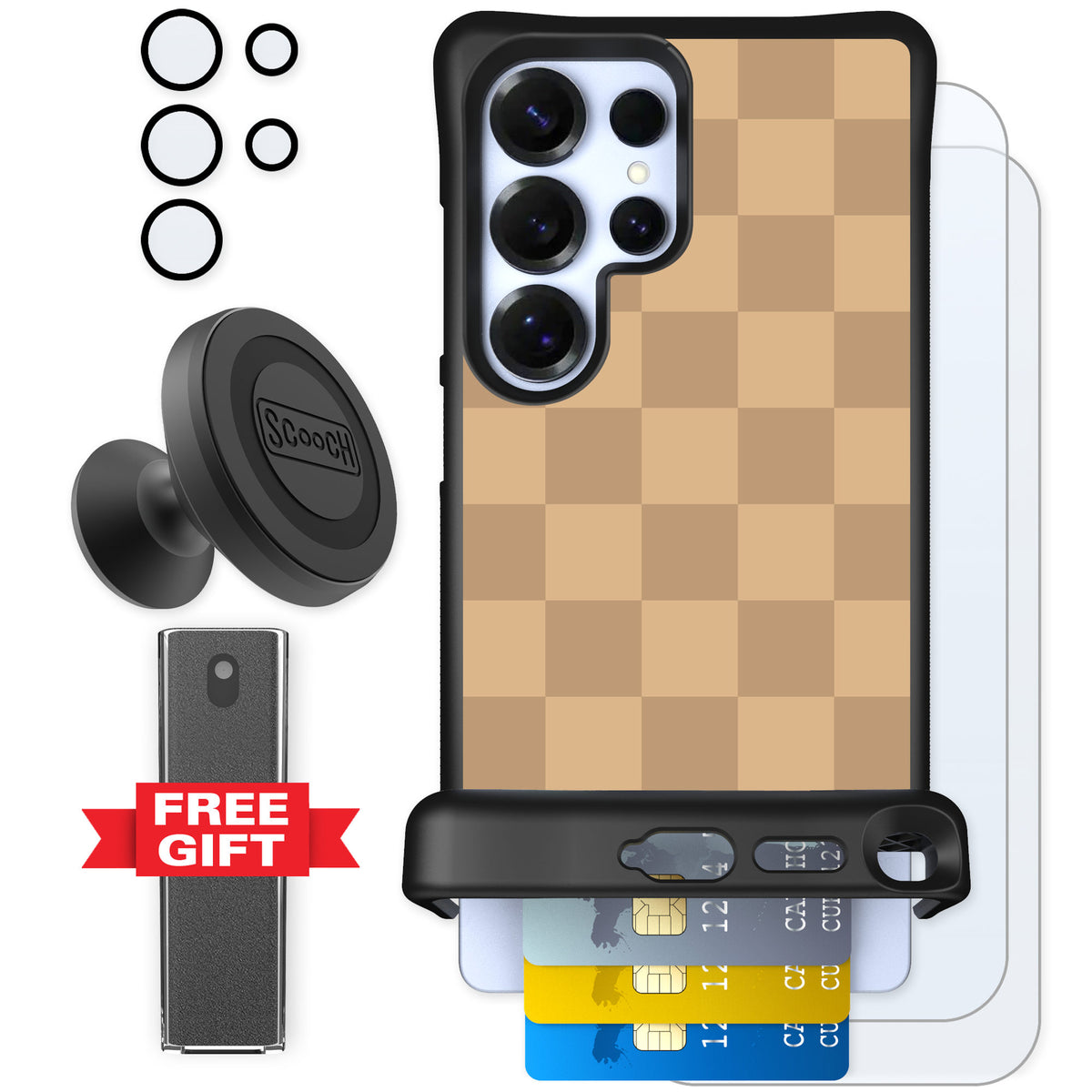 Scooch Wingmate Checkered Beige for Galaxy S25 Ultra β Defender Bundle