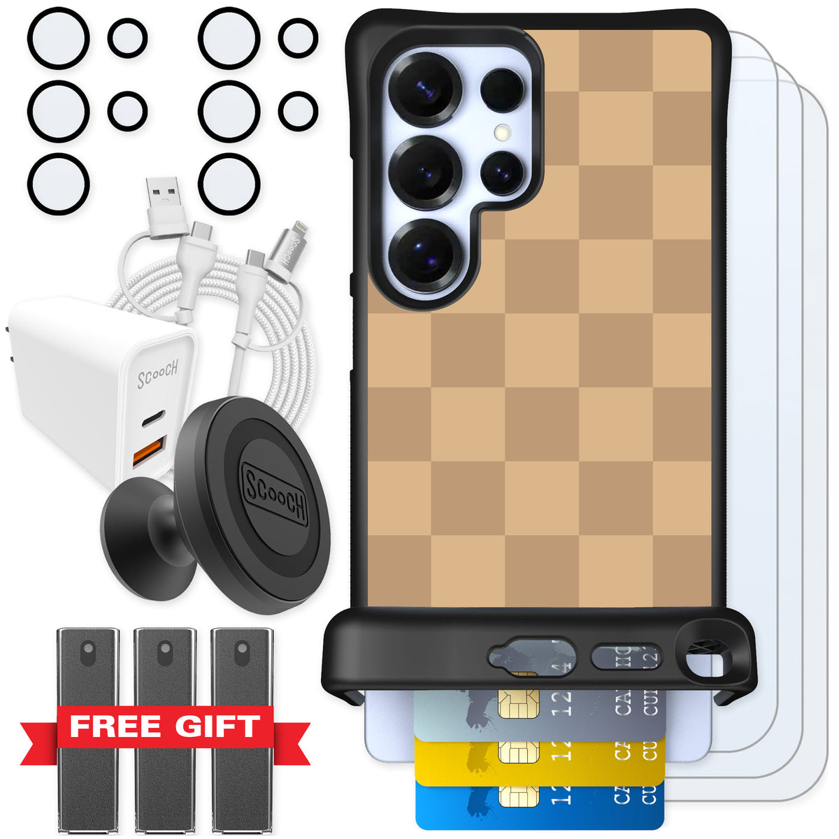 Scooch Wingmate Checkered Beige for Galaxy S25 Ultra β Ultimate Bundle