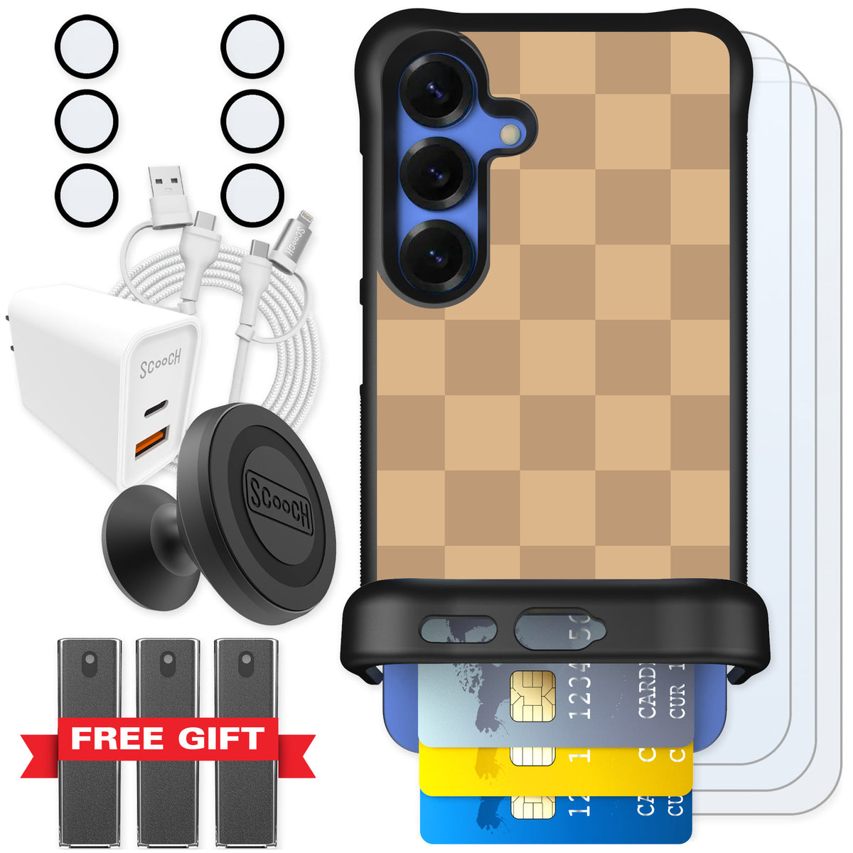 Scooch Wingmate Checkered Beige for Galaxy S25 β Ultimate Bundle