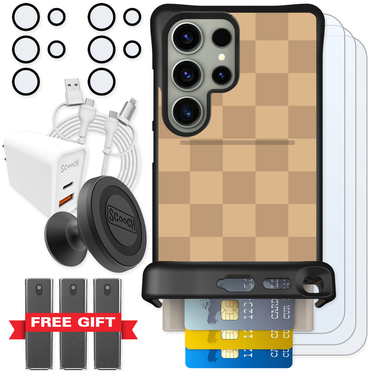 Scooch Wingmate Checkered Beige for Galaxy S24 Ultra β Ultimate Bundle