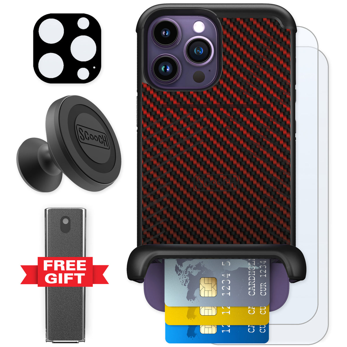 Scooch Wingmate Red Carbon Fiber for iPhone 14 Pro Max β Defender Bundle