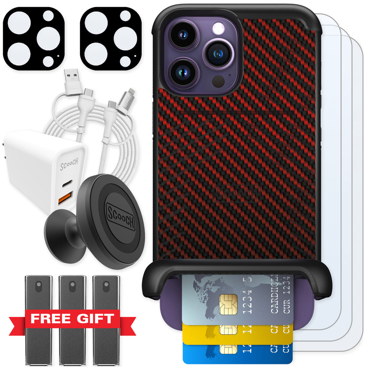 Scooch Wingmate Red Carbon Fiber for iPhone 14 Pro Max β Ultimate Bundle