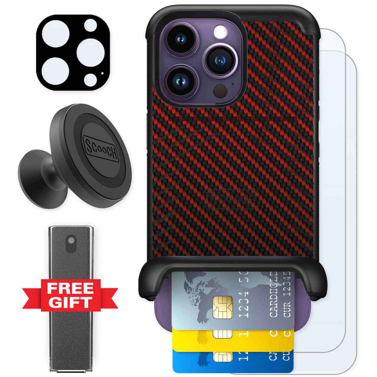 Scooch Wingmate Red Carbon Fiber for iPhone 14 Pro β Defender Bundle