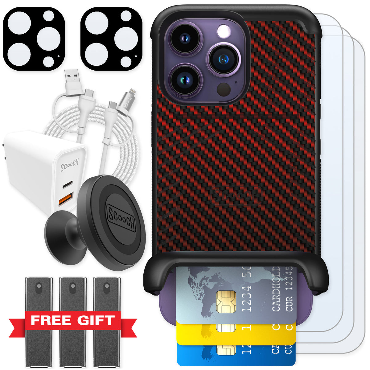 Scooch Wingmate Red Carbon Fiber for iPhone 14 Pro β Ultimate Bundle