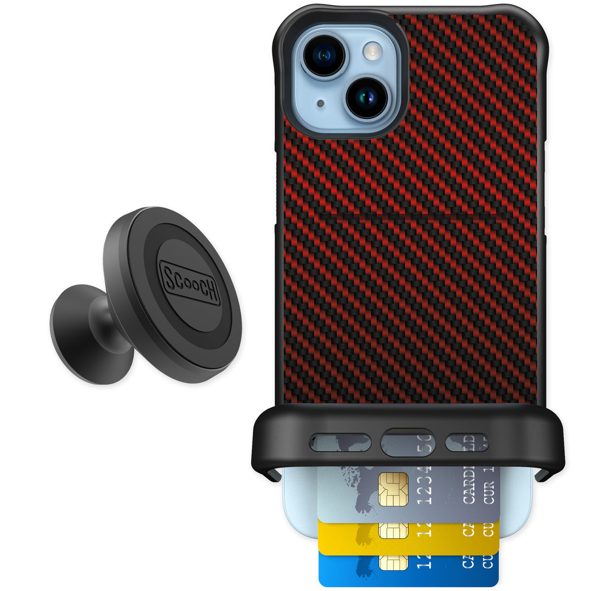 Scooch Wingmate Red Carbon Fiber for iPhone 14 Plus β Starter Bundle