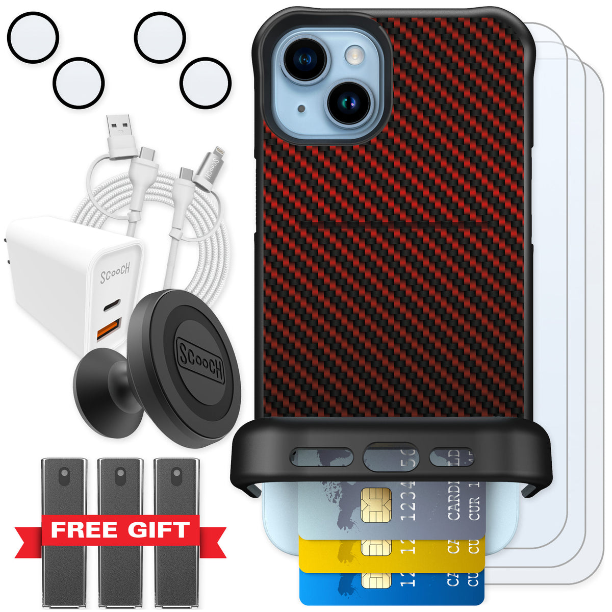 Scooch Wingmate Red Carbon Fiber for iPhone 14 Plus β Ultimate Bundle