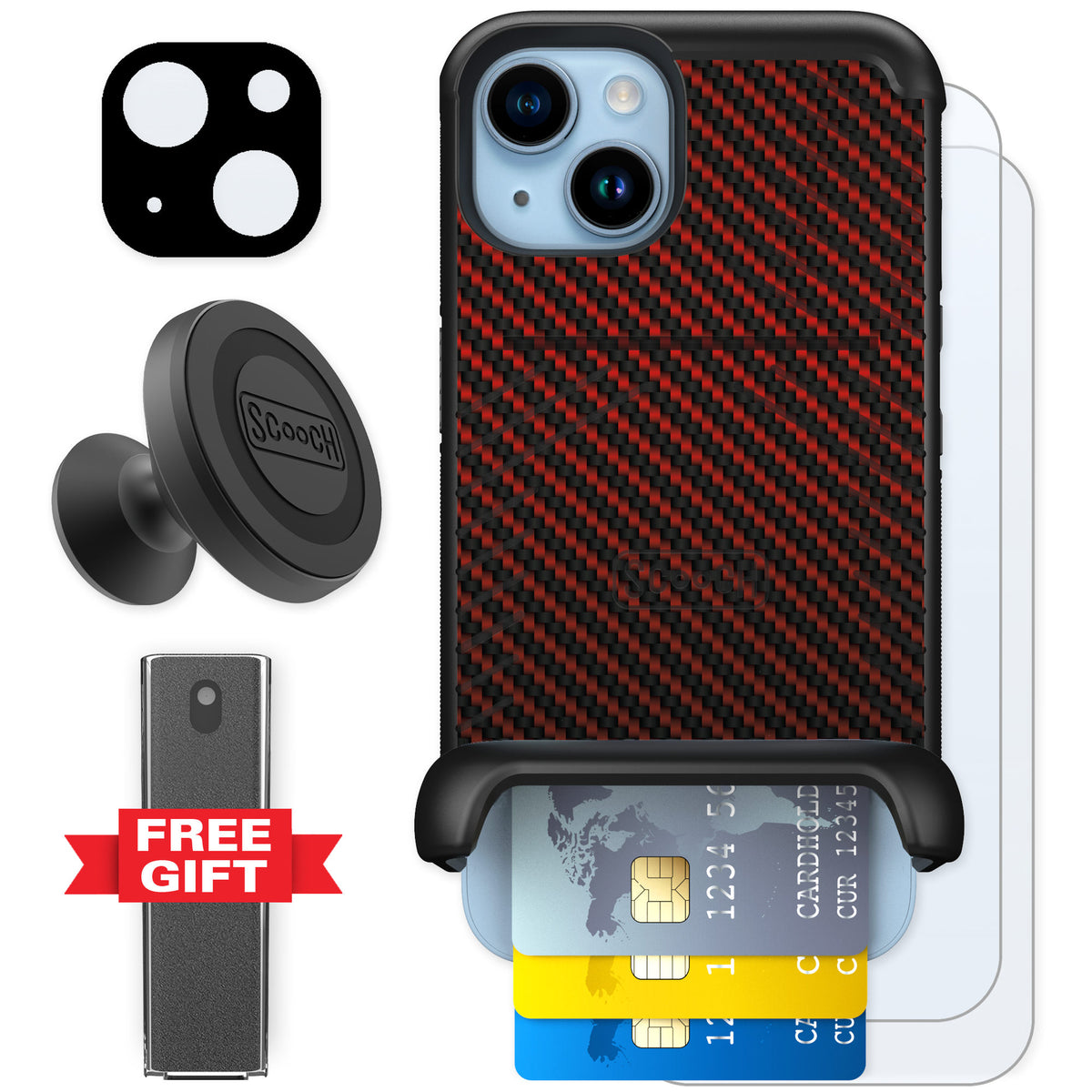 Scooch Wingmate Red Carbon Fiber for iPhone 14 β Defender Bundle