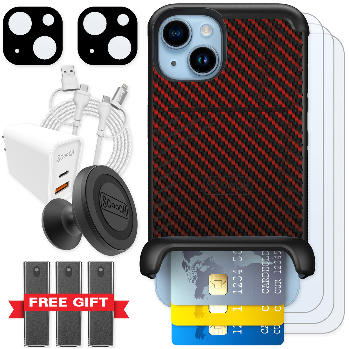 Scooch Wingmate Red Carbon Fiber for iPhone 14 β Ultimate Bundle