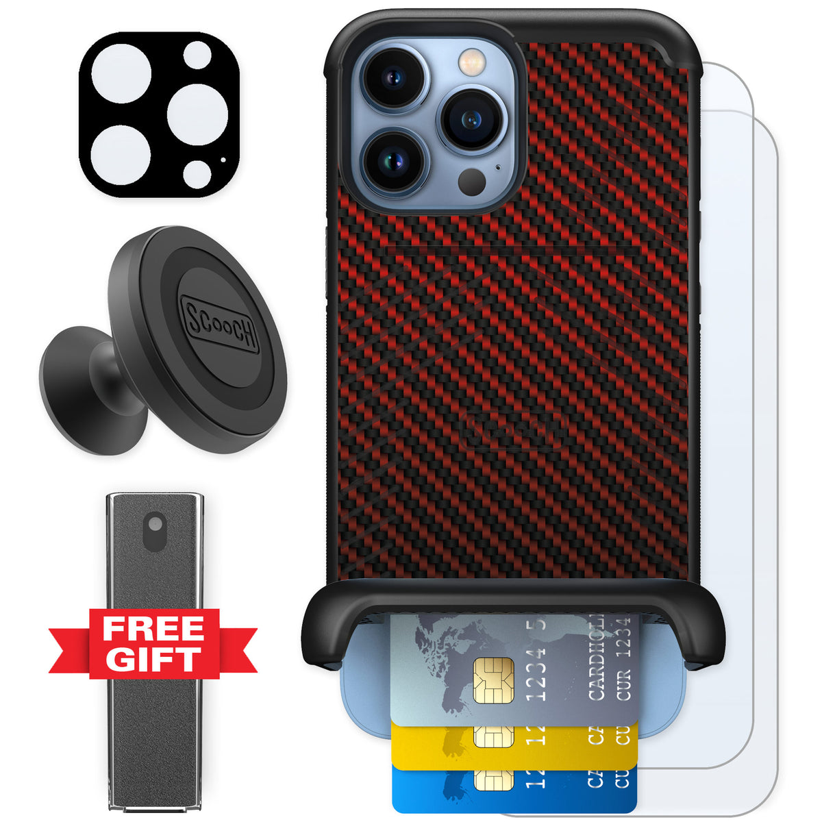 Scooch Wingmate Red Carbon Fiber for iPhone 13 Pro Max β Defender Bundle