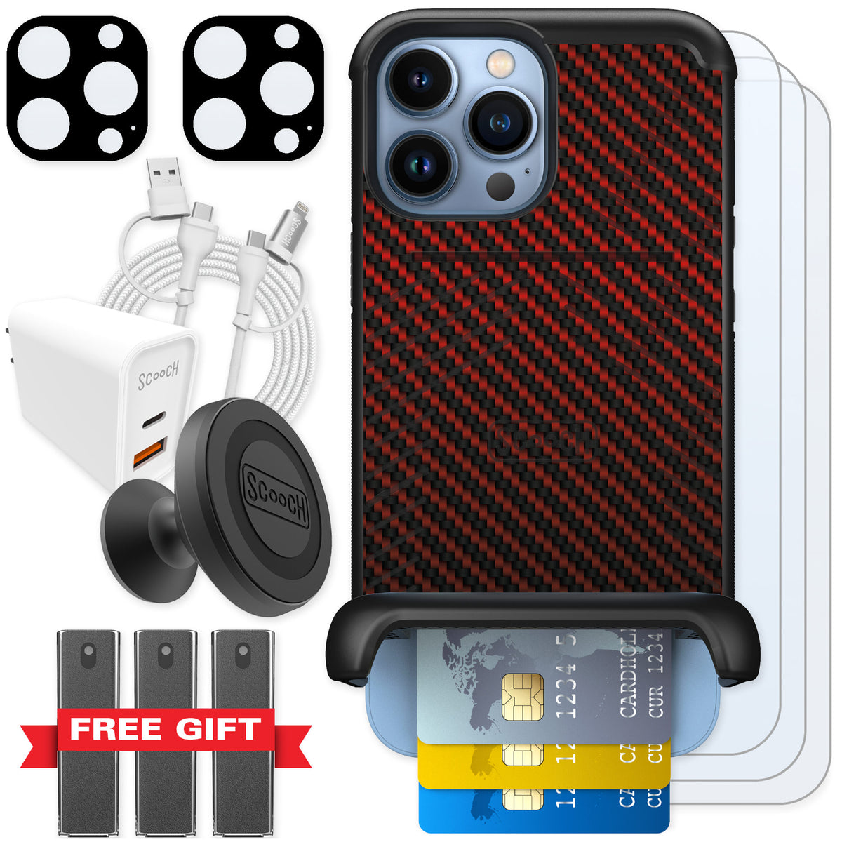 Scooch Wingmate Red Carbon Fiber for iPhone 13 Pro Max β Ultimate Bundle