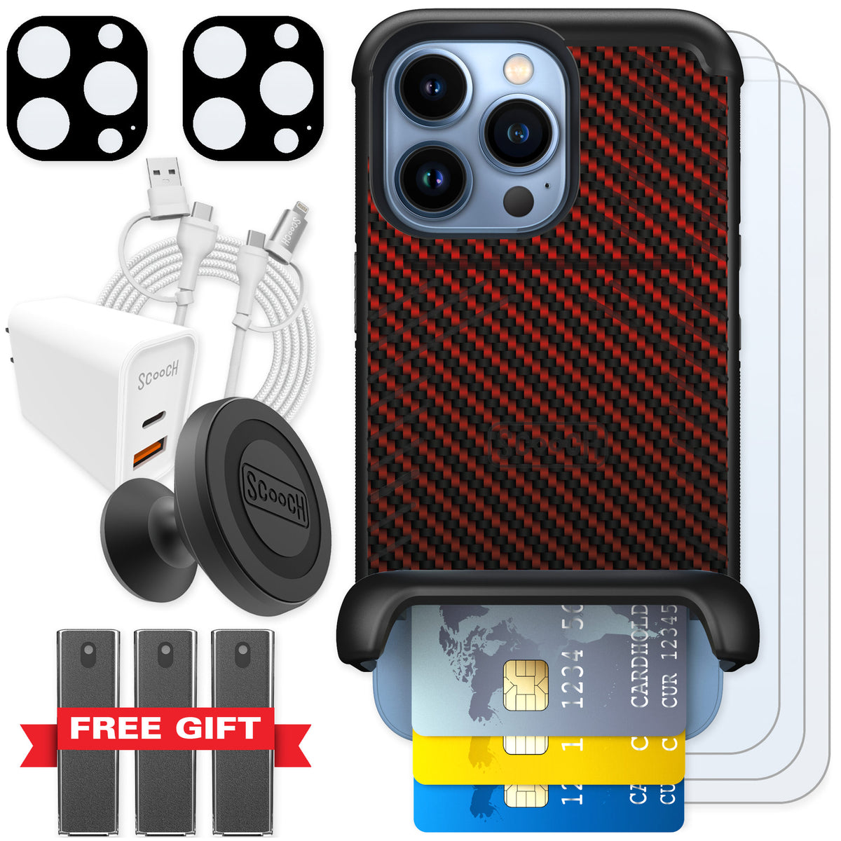 Scooch Wingmate Red Carbon Fiber for iPhone 13 Pro β Ultimate Bundle