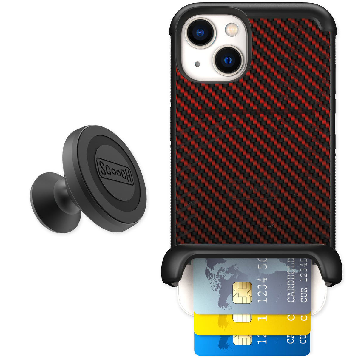 Scooch Wingmate Red Carbon Fiber for iPhone 13 β Starter Bundle