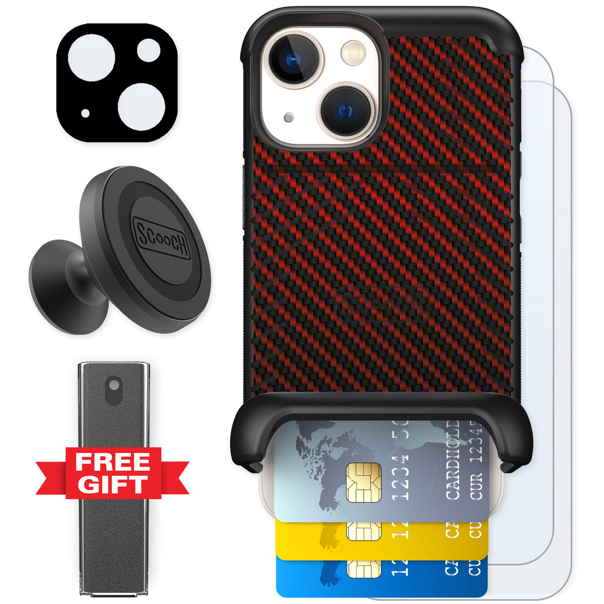 Scooch Wingmate Red Carbon Fiber for iPhone 13 mini β Defender Bundle
