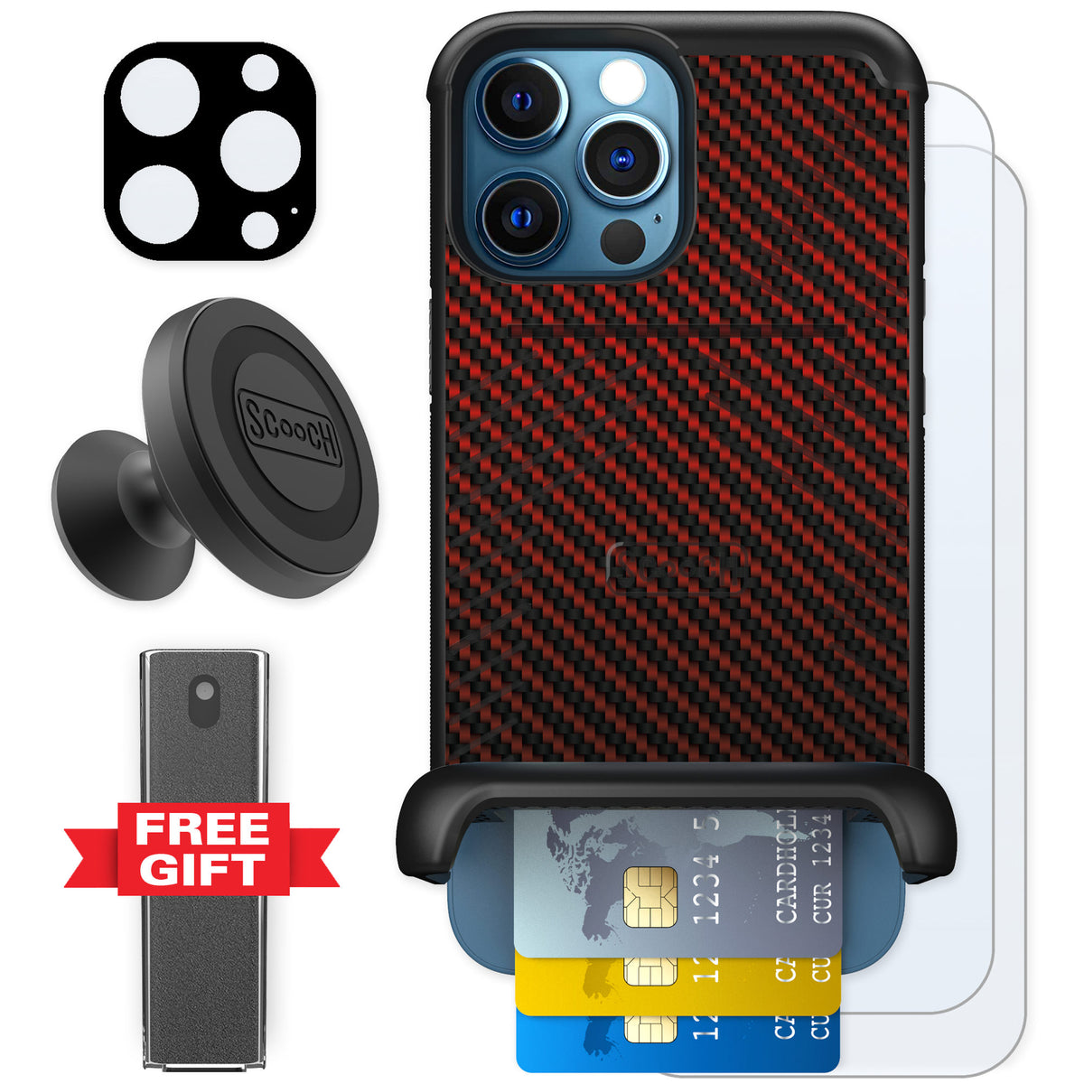 Scooch Wingmate Red Carbon Fiber for iPhone 12 Pro β Defender Bundle