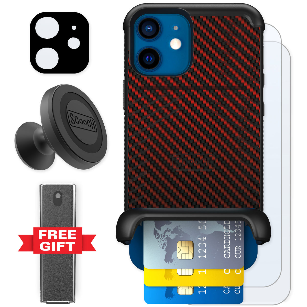 Scooch Wingmate Red Carbon Fiber for iPhone 12 β Defender Bundle