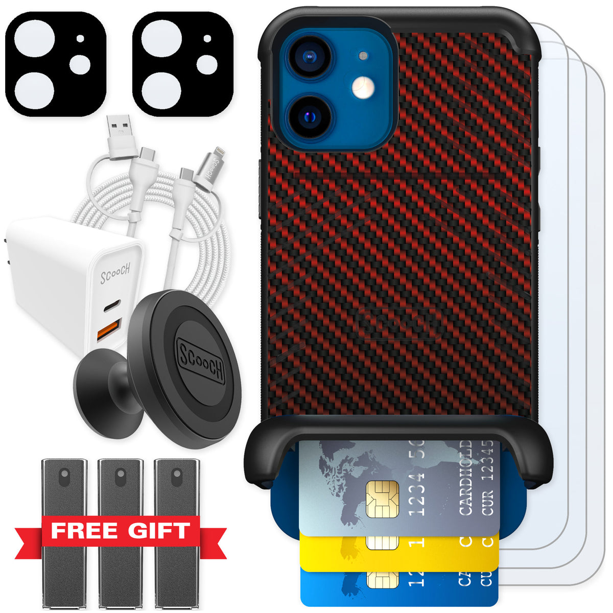 Scooch Wingmate Red Carbon Fiber for iPhone 12 β Ultimate Bundle