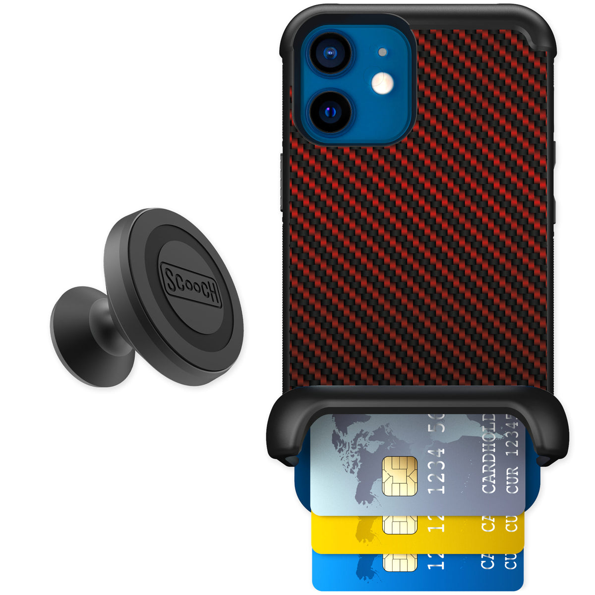 Scooch Wingmate Red Carbon Fiber for iPhone 12 mini β Starter Bundle