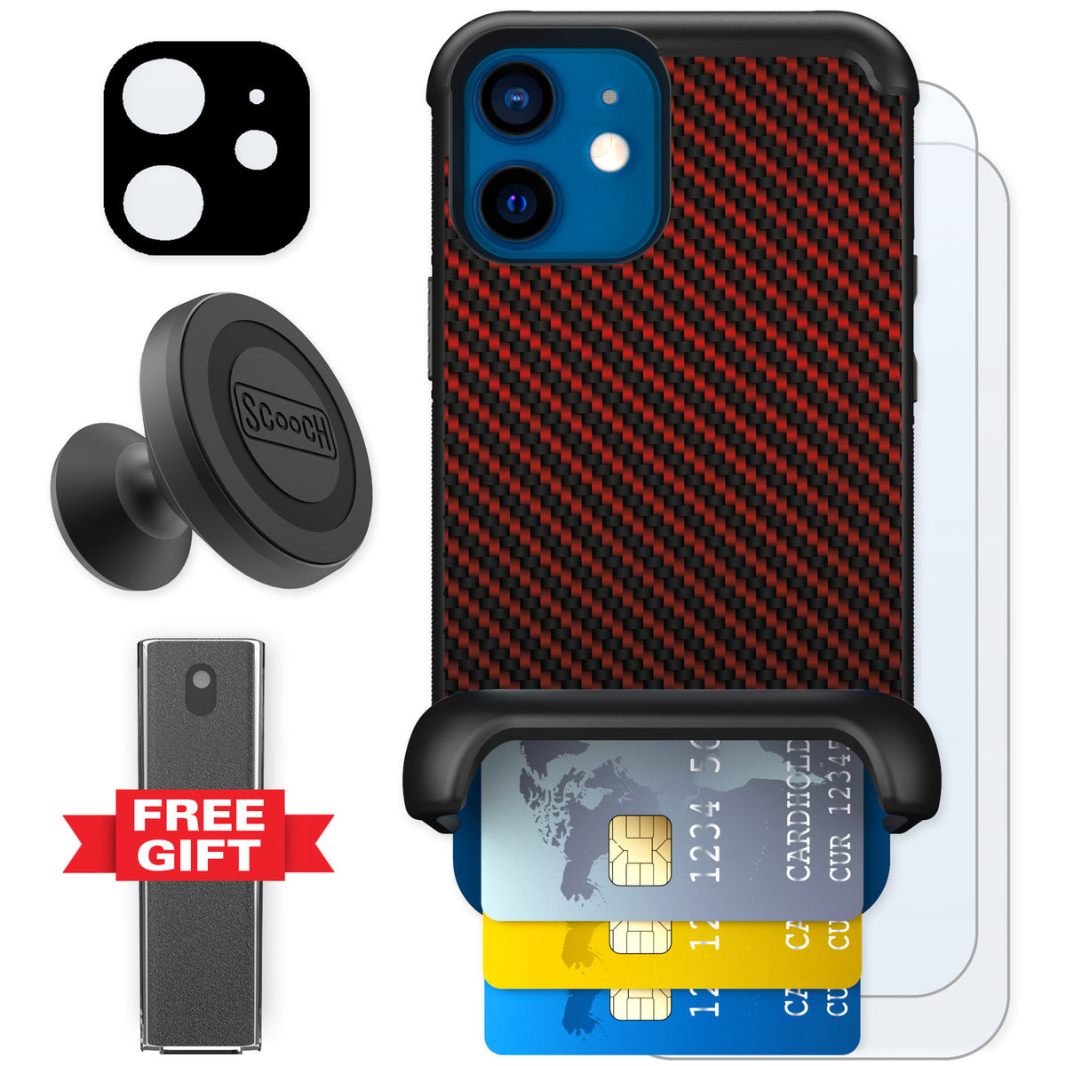 Scooch Wingmate Red Carbon Fiber for iPhone 12 mini β Defender Bundle