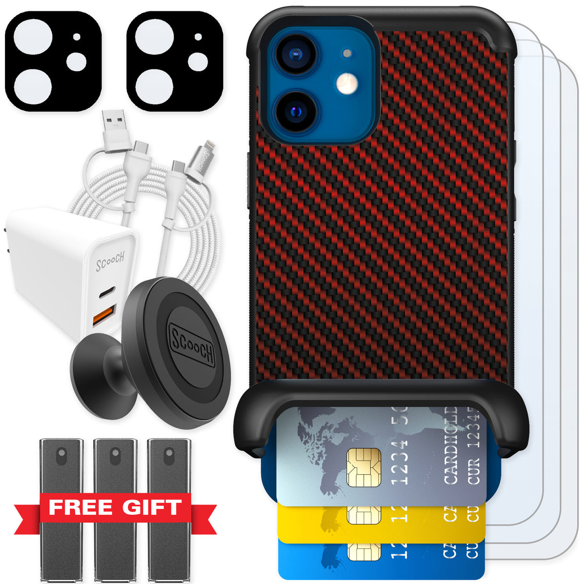 Scooch Wingmate Red Carbon Fiber for iPhone 12 mini β Ultimate Bundle