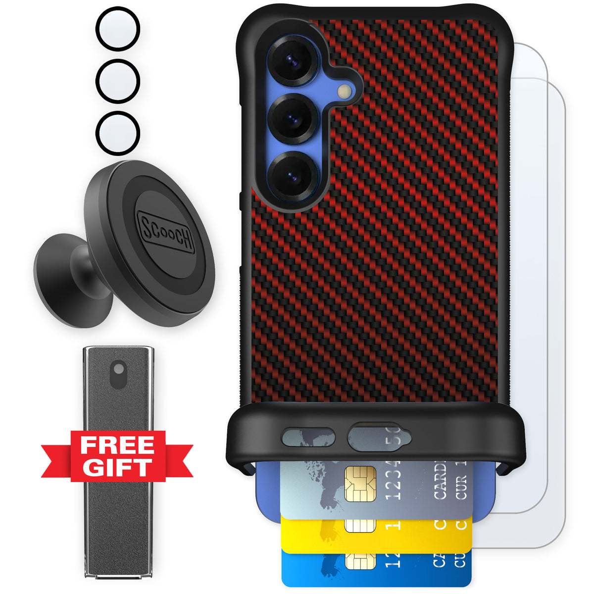 Scooch Wingmate Red Carbon Fiber for Galaxy S25 β Defender Bundle