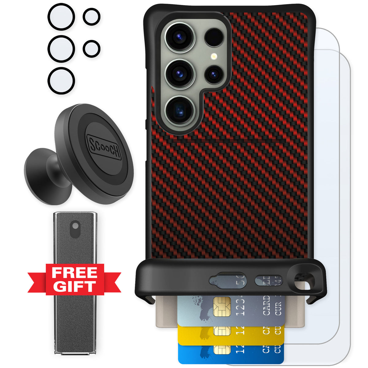 Scooch Wingmate Red Carbon Fiber for Galaxy S24 Ultra β Defender Bundle