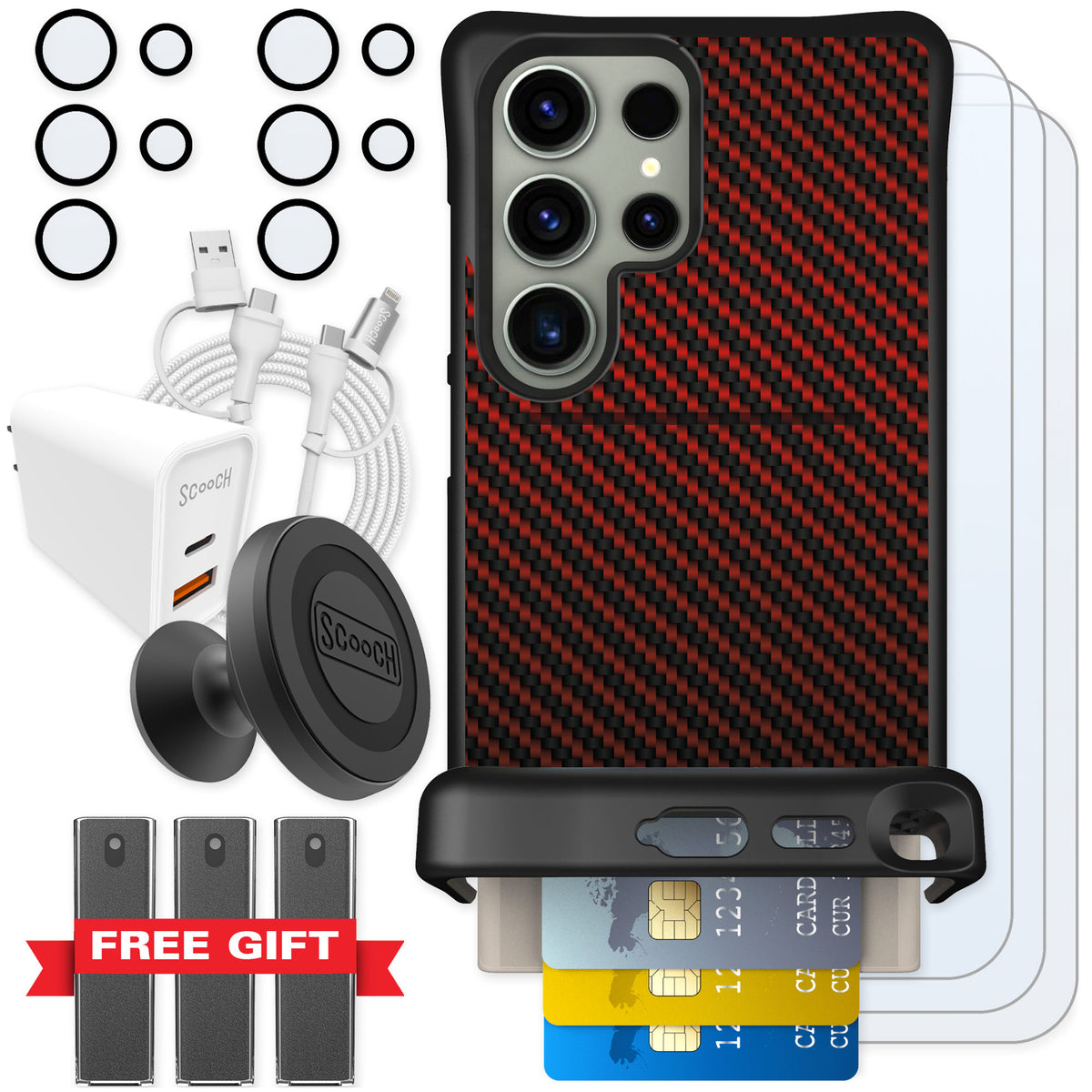 Scooch Wingmate Red Carbon Fiber for Galaxy S24 Ultra β Ultimate Bundle