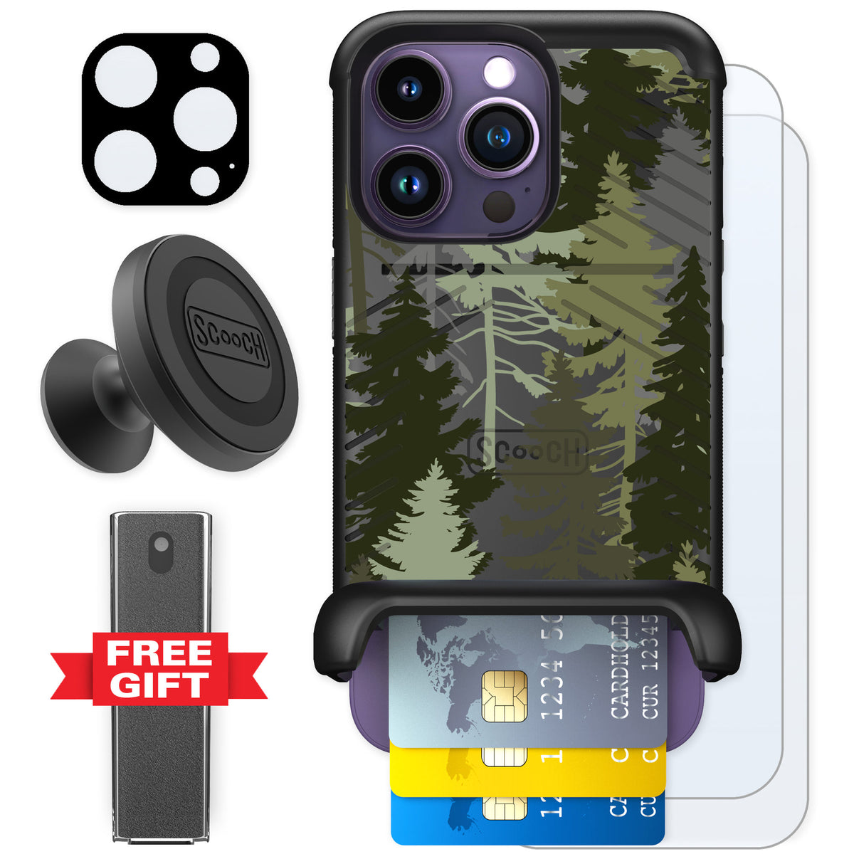 Scooch Wingmate Hidden Pines for iPhone 14 Pro — Defender Bundle