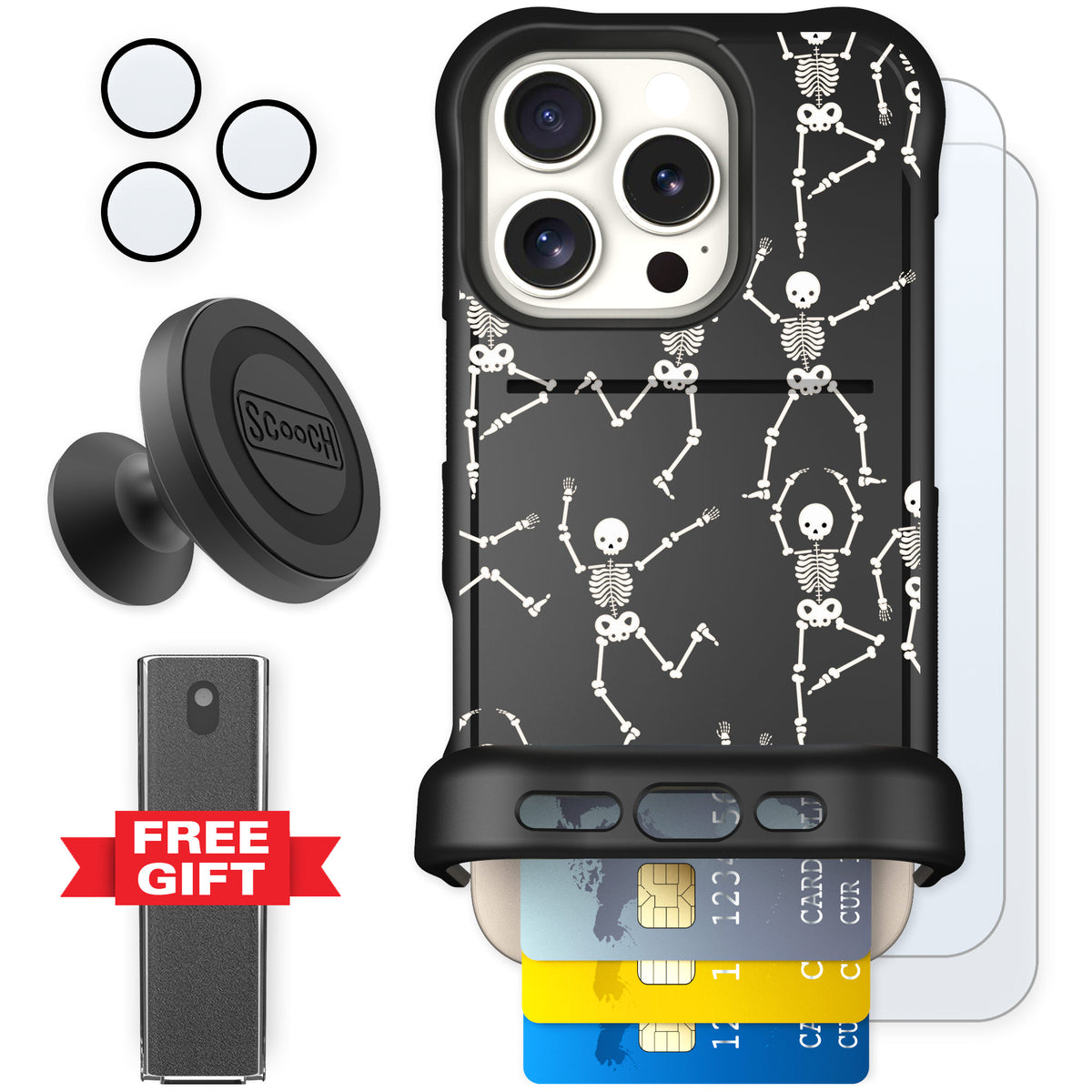 Scooch Wingmate Swinging Skeletons for iPhone 16 Pro — Defender Bundle