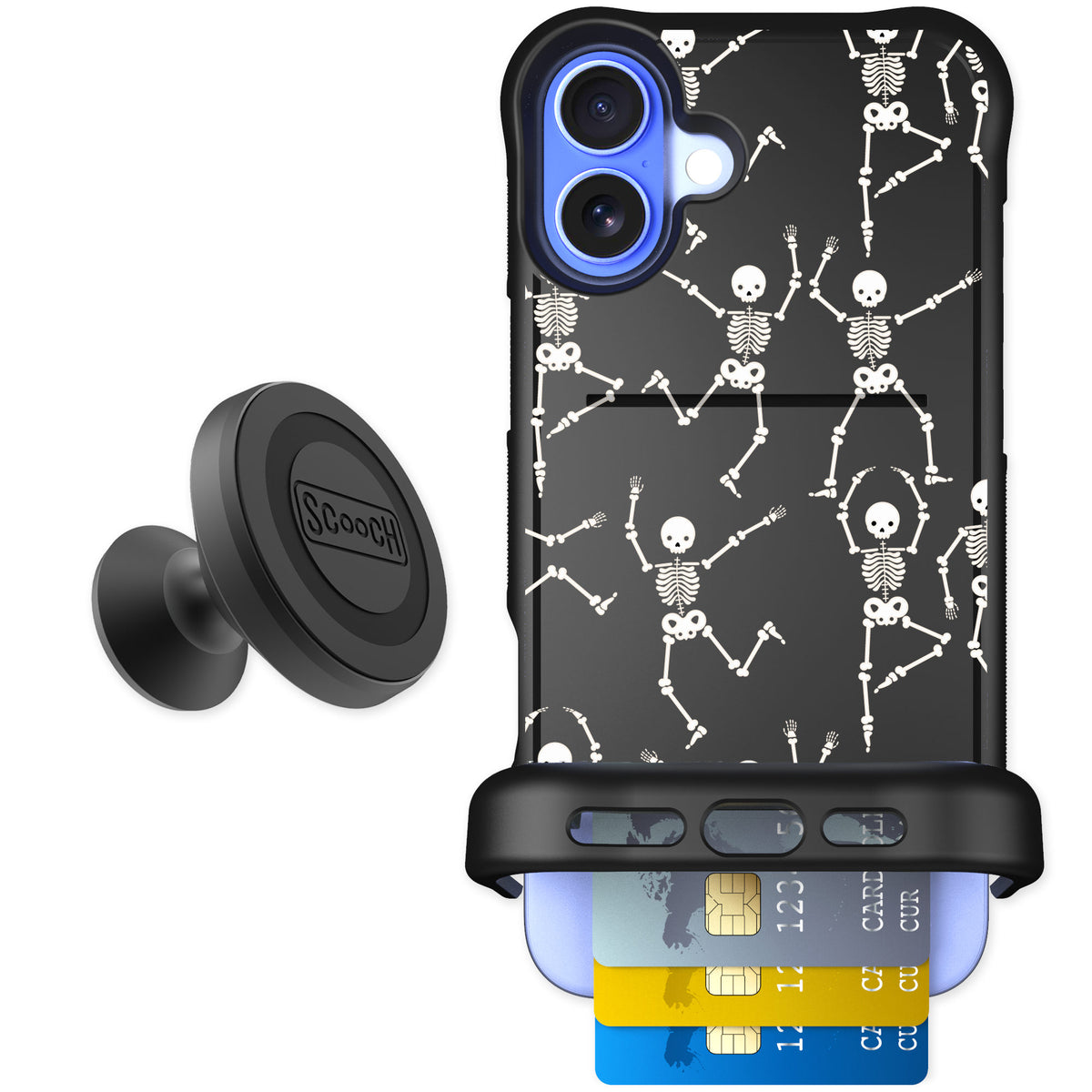 Scooch Wingmate Swinging Skeletons for iPhone 16 Plus — Starter Bundle