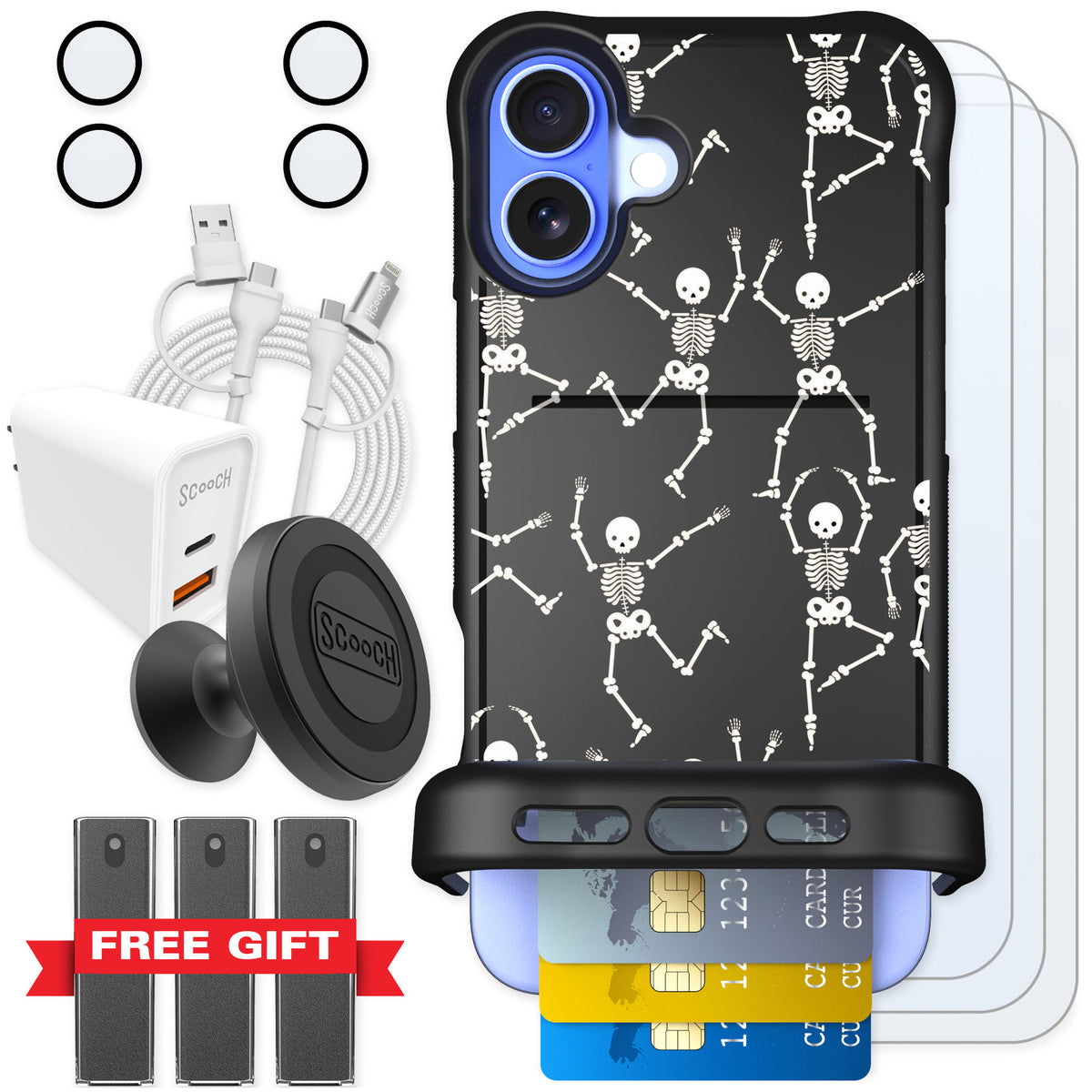 Scooch Wingmate Swinging Skeletons for iPhone 16 Plus — Ultimate Bundle