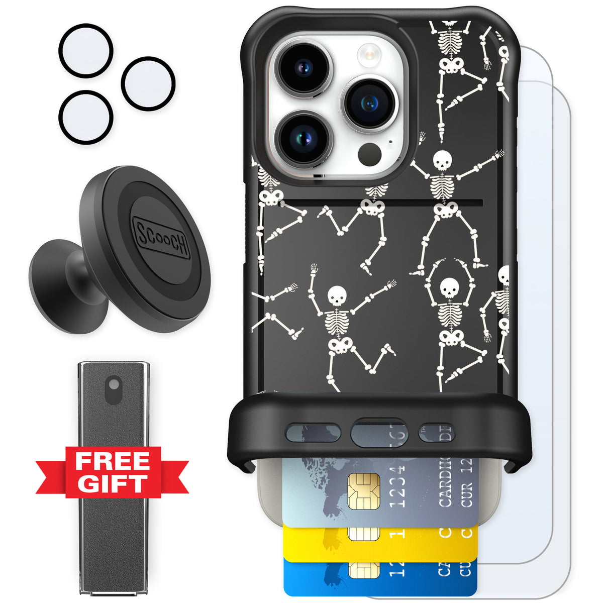 Scooch Wingmate Swinging Skeletons for iPhone 15 Pro — Defender Bundle