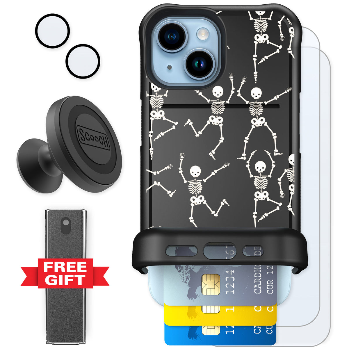 Scooch Wingmate Swinging Skeletons for iPhone 15 — Defender Bundle