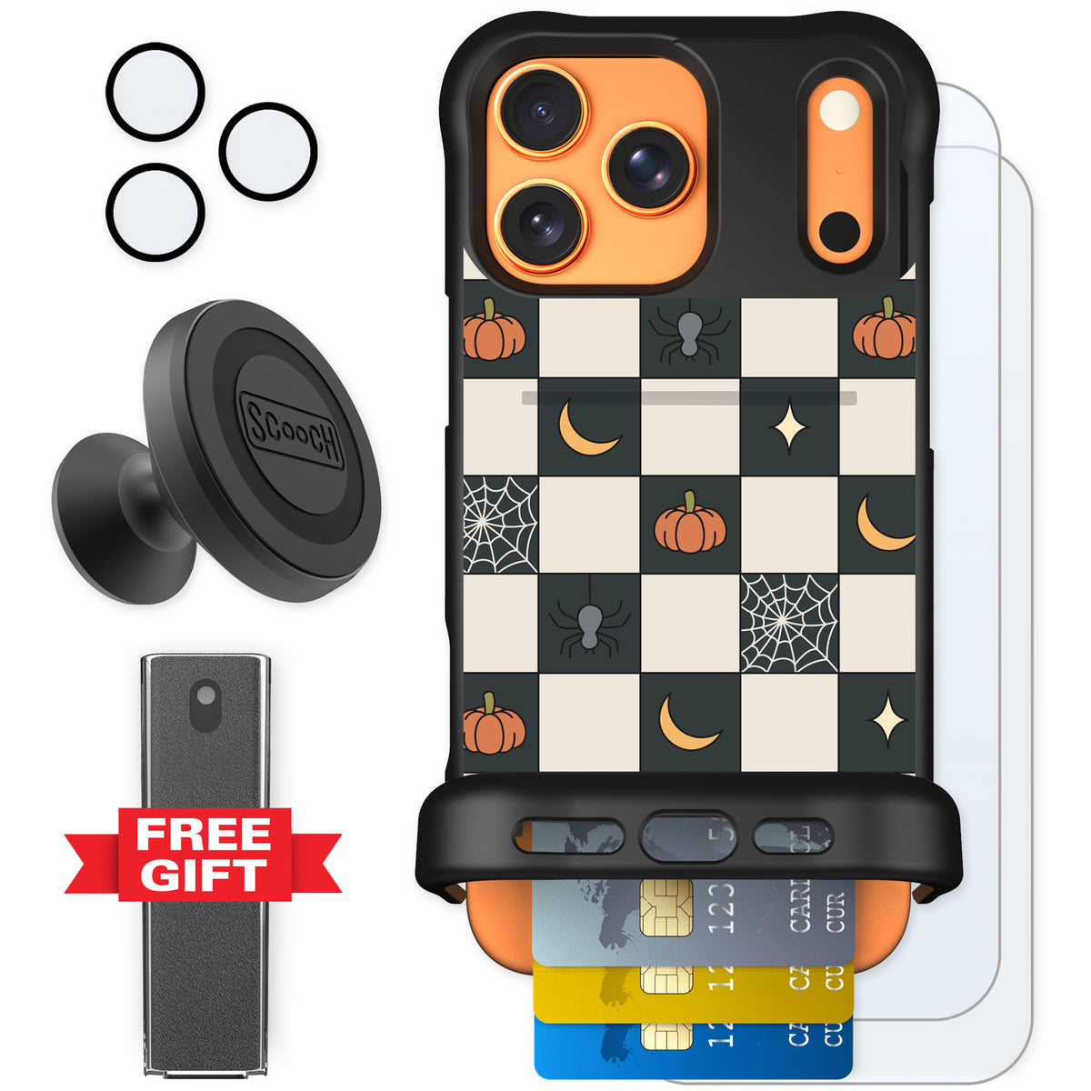 Scooch Wingmate Spooky Squares for iPhone 17 Pro Max — Defender Bundle
