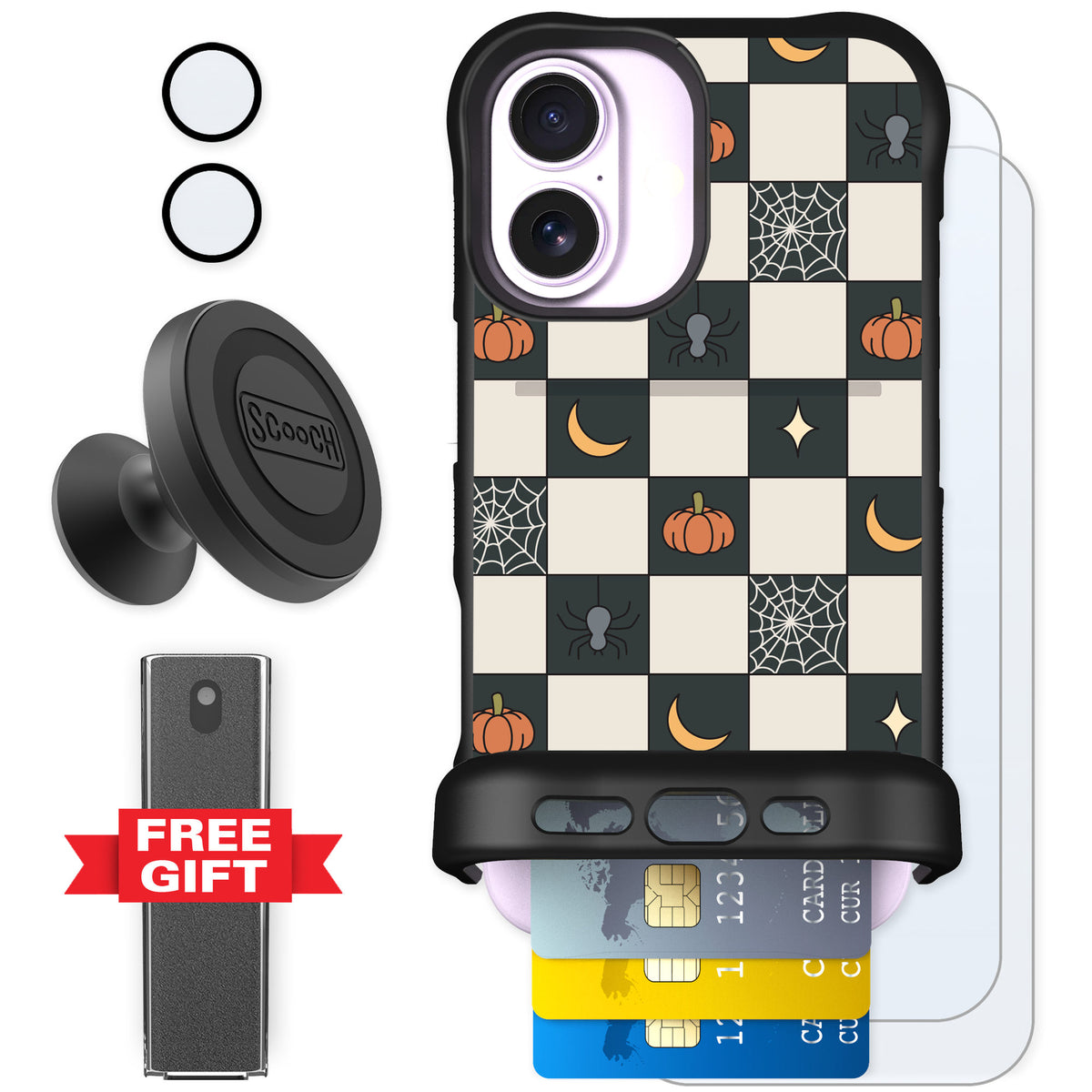 Scooch Wingmate Spooky Squares for iPhone 17 — Defender Bundle